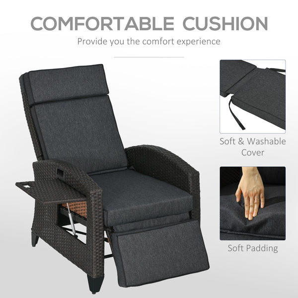 Garden Recliner with Cushion, PE Wicker Outdoor Recliner Chair with Adjustable Backrest & Footrest, Rattan Recliner Chair with Armrests and Side Tray for Balcony, Porch, Dark Grey/Brown