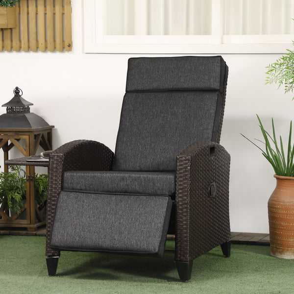 Garden Recliner with Cushion, PE Wicker Outdoor Recliner Chair with Adjustable Backrest & Footrest, Rattan Recliner Chair with Armrests and Side Tray for Balcony, Porch, Dark Grey/Brown