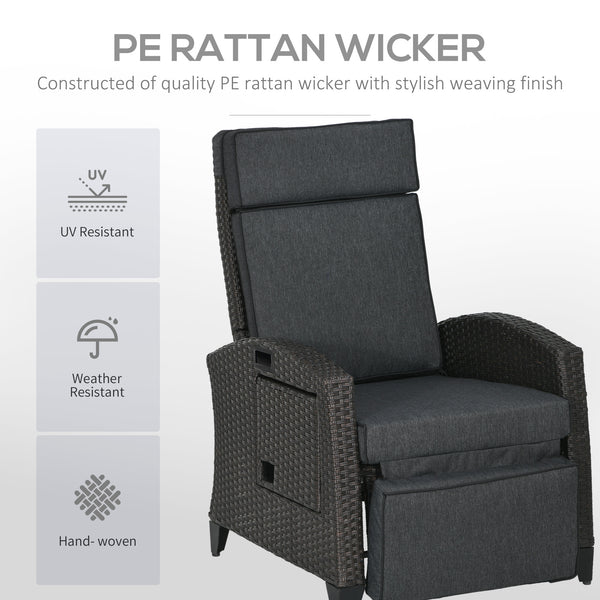 Garden Recliner with Cushion, PE Wicker Outdoor Recliner Chair with Adjustable Backrest & Footrest, Rattan Recliner Chair with Armrests and Side Tray for Balcony, Porch, Dark Grey/Brown