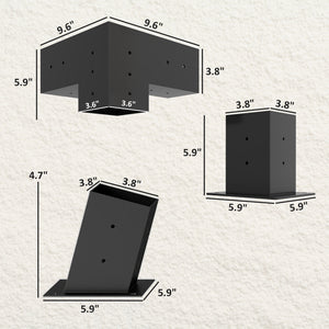 Pergola Kit, 15° Slanted Roof Pergola Bracket Kit with 2 3-Way Corner Brackets, 2 Post Bases, 2 Wall Mounts for 4"x 4" (Actual 3.6" X 3.6") Lumber, 6 PCS DIY Hardware with Screws, Black