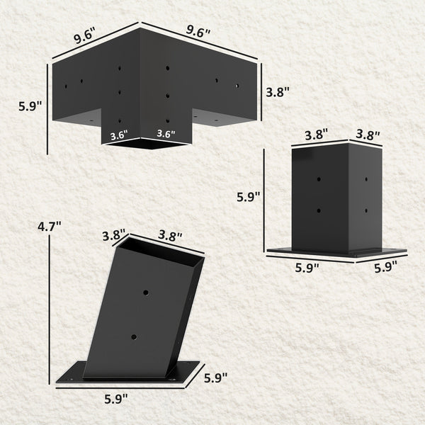 Pergola Kit, 15° Slanted Roof Pergola Bracket Kit with 2 3-Way Corner Brackets, 2 Post Bases, 2 Wall Mounts for 4"x 4" (Actual 3.6" X 3.6") Lumber, 6 PCS DIY Hardware with Screws, Black