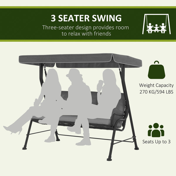 3-Person Porch Swing Chair, Patio Swing Bench with Adjustable Canopy, Removable Thicken Cushion and Weather Resistant Steel Frame for Outdoor, Garden, Poolside Light Grey