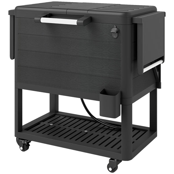 104 Quart Patio Cooler with Wheels, Holds up to 70 Bottles / 120 Cans, Rolling Ice Chest with Bottle Opener and Shelves, Outdoor Beverage Bar Cart with Handles, Black
