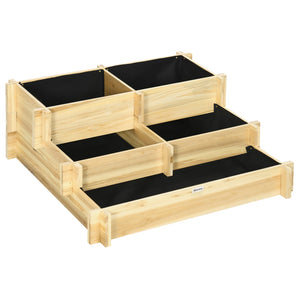 3-Tier Raised Garden Bed with 5 Compartments and Bed Liner, Fir Wood Elevated Planter Box, for Vegetables, Herbs, Outdoor Plants, 37 x 37 x 14in, Natural