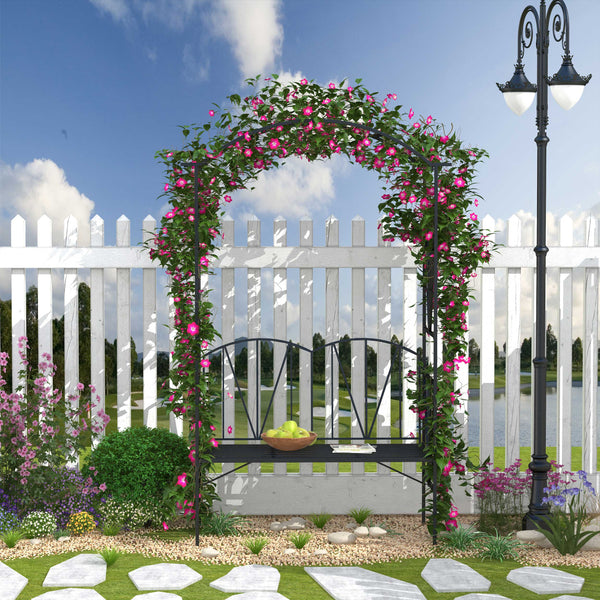 Garden Bench, 2 Seater Outdoor Patio Bench, Metal Garden Loveseat with Arch for Vines and Climbing Plants for Outdoor Space, Black