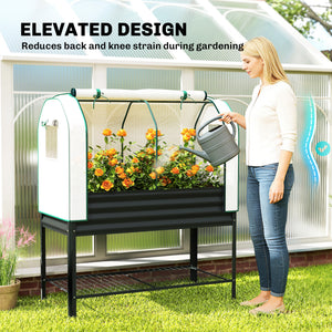 Galvanised Raised Garden Bed with Greenhouse Cover, Metal Elevated Garden Bed with Legs, Bed Liner and Bottom Shelf, Outdoor Raised Planter Box for Vegetables, Herbs, Flowers, Black