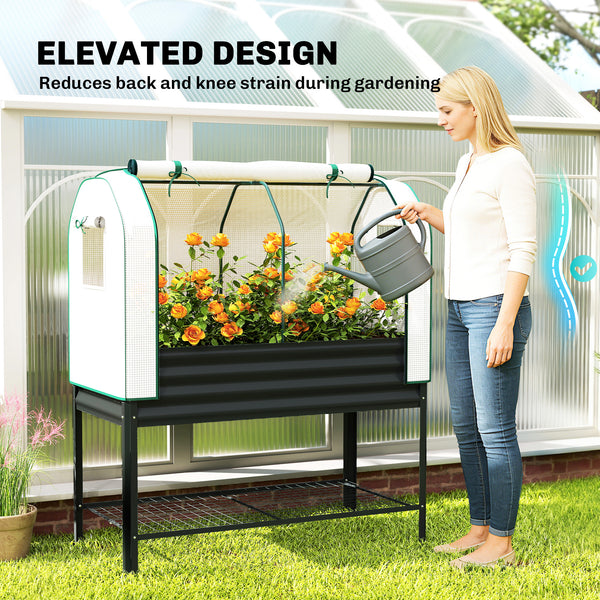 Galvanised Raised Garden Bed with Greenhouse Cover, Metal Elevated Garden Bed with Legs, Bed Liner and Bottom Shelf, Outdoor Raised Planter Box for Vegetables, Herbs, Flowers, Black