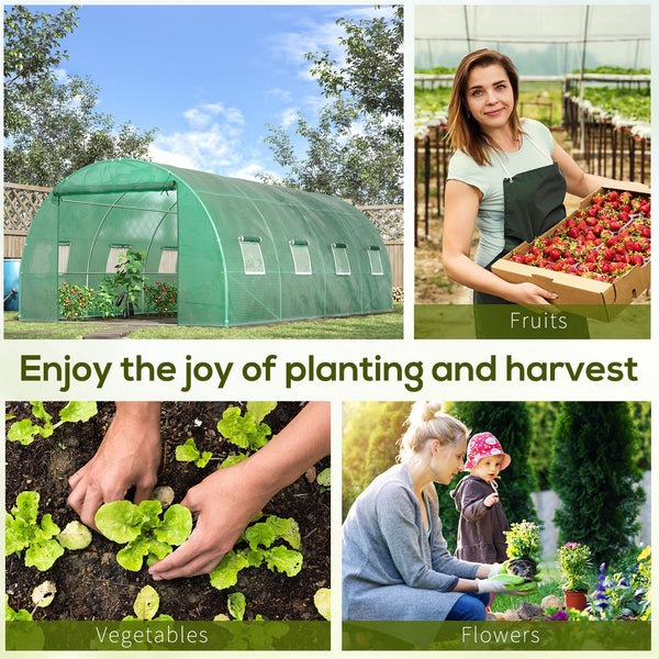 Walk-in Tunnel Greenhouse, 19 x 10 x 6.6 ft Hoop House with Zipped Roll-Up Door and 8 Mesh Windows, Outdoor Greenhouse with Galvanised Steel Frame, Green