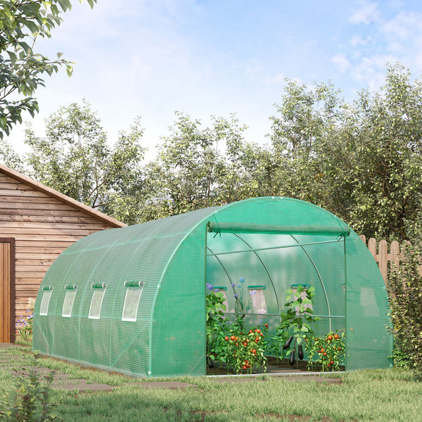 Walk-in Tunnel Greenhouse, 19 x 10 x 6.6 ft Hoop House with Zipped Roll-Up Door and 8 Mesh Windows, Outdoor Greenhouse with Galvanised Steel Frame, Green