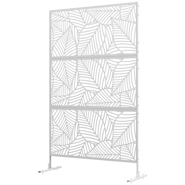 Metal Outdoor Privacy Screen, Decorative Outdoor Divider with Stand and Expansion Screws, Freestanding Privacy Panel for Garden, Backyard, Deck, Large Leaf Style, White
