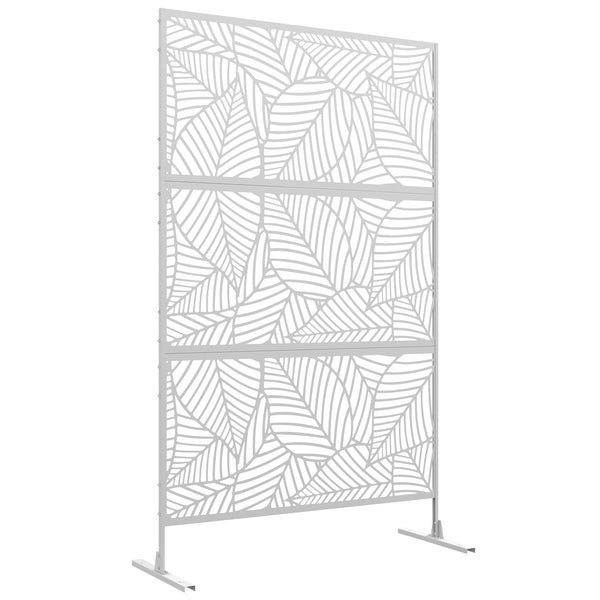 Metal Outdoor Privacy Screen, Decorative Outdoor Divider with Stand and Expansion Screws, Freestanding Privacy Panel for Garden, Backyard, Deck, Large Leaf Style, White