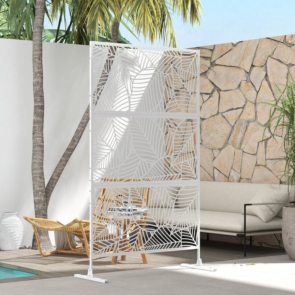 Metal Outdoor Privacy Screen, Decorative Outdoor Divider with Stand and Expansion Screws, Freestanding Privacy Panel for Garden, Backyard, Deck, Large Leaf Style, White
