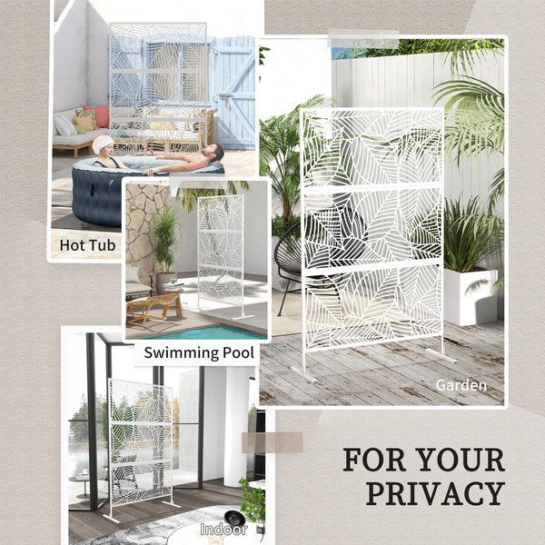 Metal Outdoor Privacy Screen, Decorative Outdoor Divider with Stand and Expansion Screws, Freestanding Privacy Panel for Garden, Backyard, Deck, Large Leaf Style, White