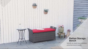 27 Gallon Outdoor Wicker Storage Bench with Handles and Cushion, Red