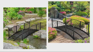 7' Metal Arch Garden Bridge with Scrollwork & Railings, Black