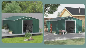Abri de jardin métallique EverBase 3,35 m x 3,96 m avec kit de fondation et double porte, vert