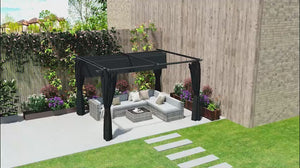 Pergola rétractable 3 m x 4 m, résistante aux intempéries, avec toile UPF 30+ et rideaux d'intimité, gris foncé