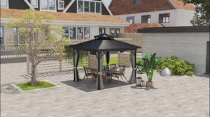 Gazebo rigide 3 m x 3 m avec double toit et moustiquaire, gris clair