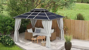 Tonnelle d'extérieur 3 m x 3,6 m avec toit en polycarbonate, moustiquaires et rideaux, gris clair