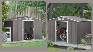 EverBase 9 x 6ft Metal Garden Shed with Double Sliding Doors & Shutter Vents, Grey