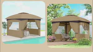 Gazebo à double toit de 3,35 m x 3,35 m avec fenêtres de style église et structure en acier, beige
