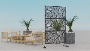 Paravent décoratif d'extérieur de 2 m (6,5 pi), en métal avec support, motif feuille, noir.