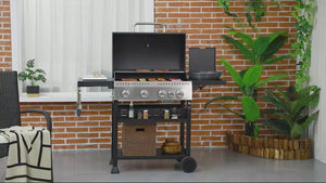 4+1 Burner Steel Gas Grill, 12.5 kW Gas BBQ Grill with Thermometer & Storage Shelf, Black