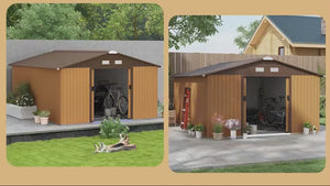 EverBase 11' x 13' Metal Garden Storage Shed with Foundation Kit & Double Doors, Yellow