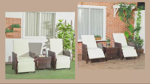 3 Pieces Garden Rattan Bistro Set with Adjustable Backrest Armchairs & Glass Top Table, Mixed-Brown