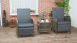 3 Pieces Garden Rattan Bistro Set with Adjustable Backrest Armchairs & Glass Top Table, Mix-Grey