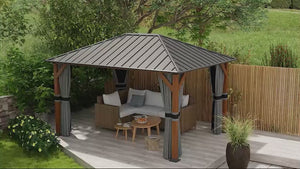 Gazebo rigide de 4 m x 3 m avec moustiquaire et rideaux, structure en acier galvanisé