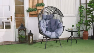 Garden Rattan Egg Chair with 14cm Thick Seat Cushion, Headrest & Adjustable Feet, Mixed Grey