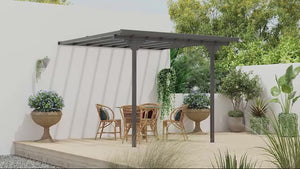 Pergola adossée extérieure 3 m x 3 m avec toit rigide en polycarbonate et hauteur réglable, grise