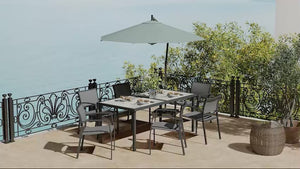 6 Seater Garden Dining Set with Stackable Chairs & Wood-Look Table Breathable Mesh Grey