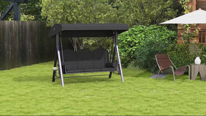 3-Seat Patio Swing Chair with Adjustable Canopy, Removable Cushion, Pillows & Trays, Black
