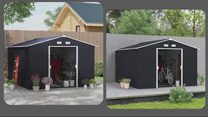 11' x 9' Outdoor Metal Storage Shed with Foundation Kit & Lockable Doors Dark Gray