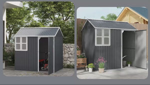 7' x 5.5' Metal Garden Storage Shed with Lockable Door & Window, Dark Grey