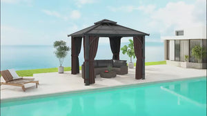 3 x 3m Hardtop Gazebo with Double Polycarbonate Roof, Netting and Curtains, Brown