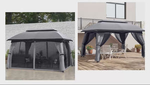 10' x 13' Patio Gazebo with Netting, Curtains & Vented Roof, Dark Gray