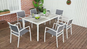 Ensemble de salle à manger d'extérieur 7 pièces avec 6 chaises empilables, table et chaises de patio avec assise en maille, blanc
