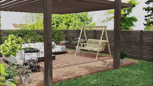 3-Seat Wooden Porch Swing with Stand and Side Tables, Natural Wood