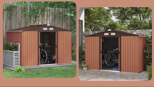EverBase 9 x 6ft Metal Garden Shed with Double Sliding Doors & Shutter Vents, Light Brown