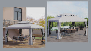 10' x 13' Patio Gazebo with Aluminum Frame, Double Roof, Netting & Light Gray Curtains