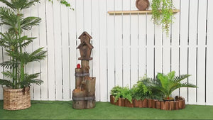 3-Tier Rustic Tree Trunk Fountain with Cascading Waterfall, LED Lights & Birdhouse in Brown