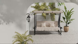 Free Standing Swing Bench with Adjustable Canopy, Cushions, and Pillows, Ecru