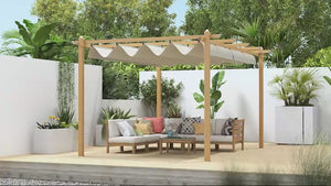 10' x 13' Retractable Pergola Canopy, Wood Grain Aluminum Frame, for Outdoor Shade Shelter, Cream