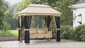Balancelle-gazebo 3 en 1 avec auvent, moustiquaire et pare-soleil pour 3 personnes, beige