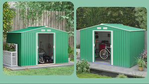 EverBase 9 x 6ft Metal Garden Shed with Double Sliding Doors & Shutter Vents, Green