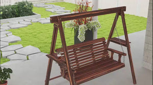 3-Seat Wooden Porch Swing with Stand & Side Tables, Carbonized Brown