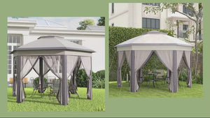 13' x 13' Hexagonal Pop-Up Gazebo Shelter with 6 Zippered Mesh Netting, Coffee and Beige